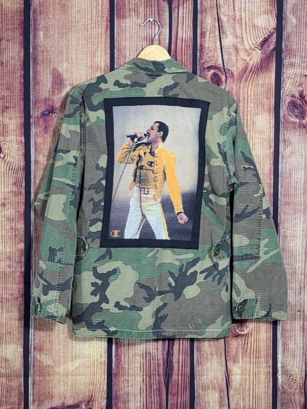 Upcycled Freddie Mercury Camouflage Army Jacket L XL